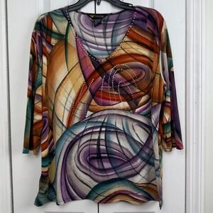Valentina Abstract Art Rhinestone Top XL wearable Art Swirl Tunic Stretch Blouse